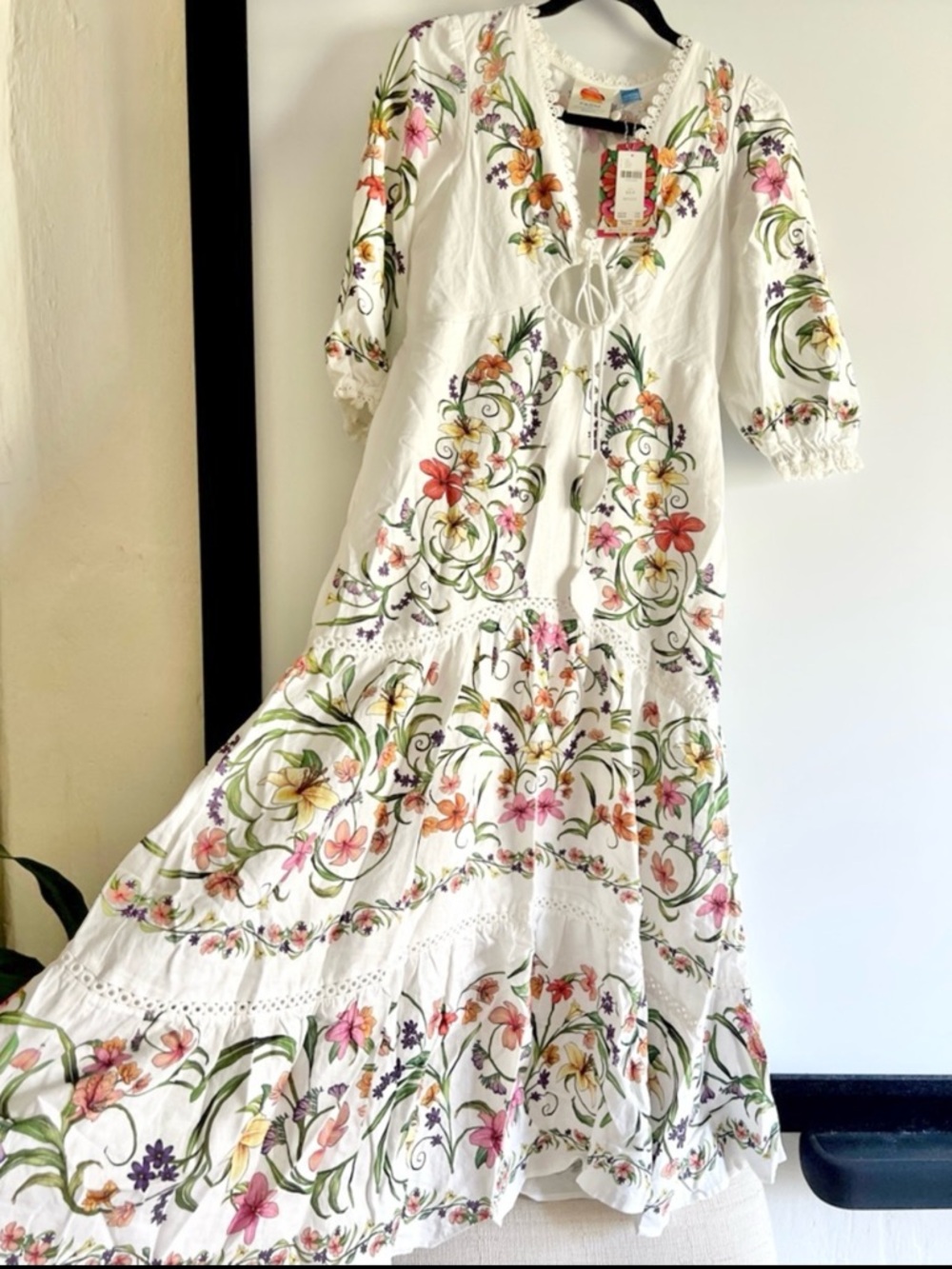 FARM Rio White Floral Printed Linen Blend Cutout Maxi Dress Size XS Petite NWT